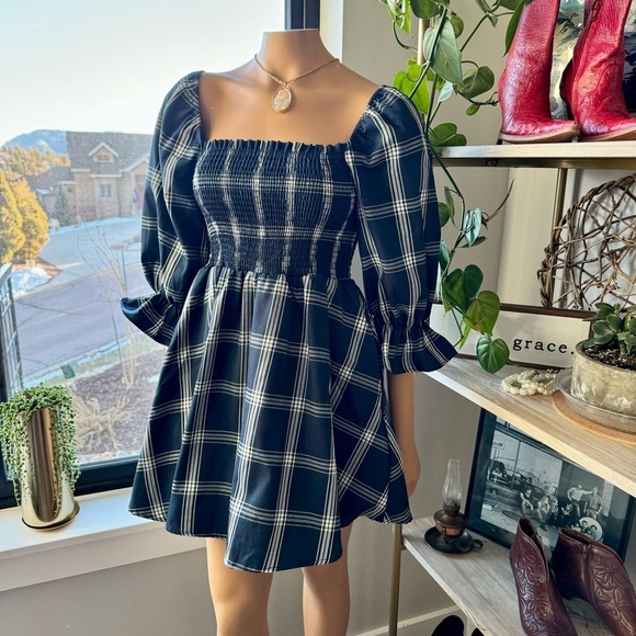 Audrey Parks Francesca’s, Alley Smock Top Plaid Mini Dress, NWT, Size- Small - Picture 1 of 11